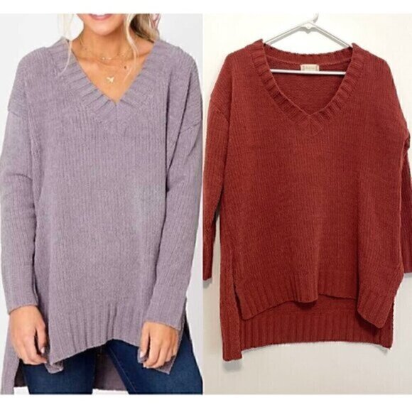 ALTAR'D STATE Rust Red Chenille Chunky V-Neck Oversized Relaxed Tunic Sweater S - Picture 1 of 16